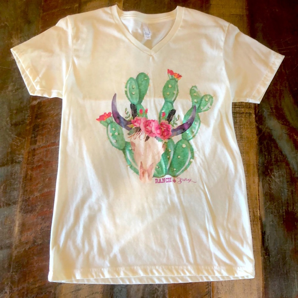 Cactus Cow Skull w/roses Tee by Ranch Swag